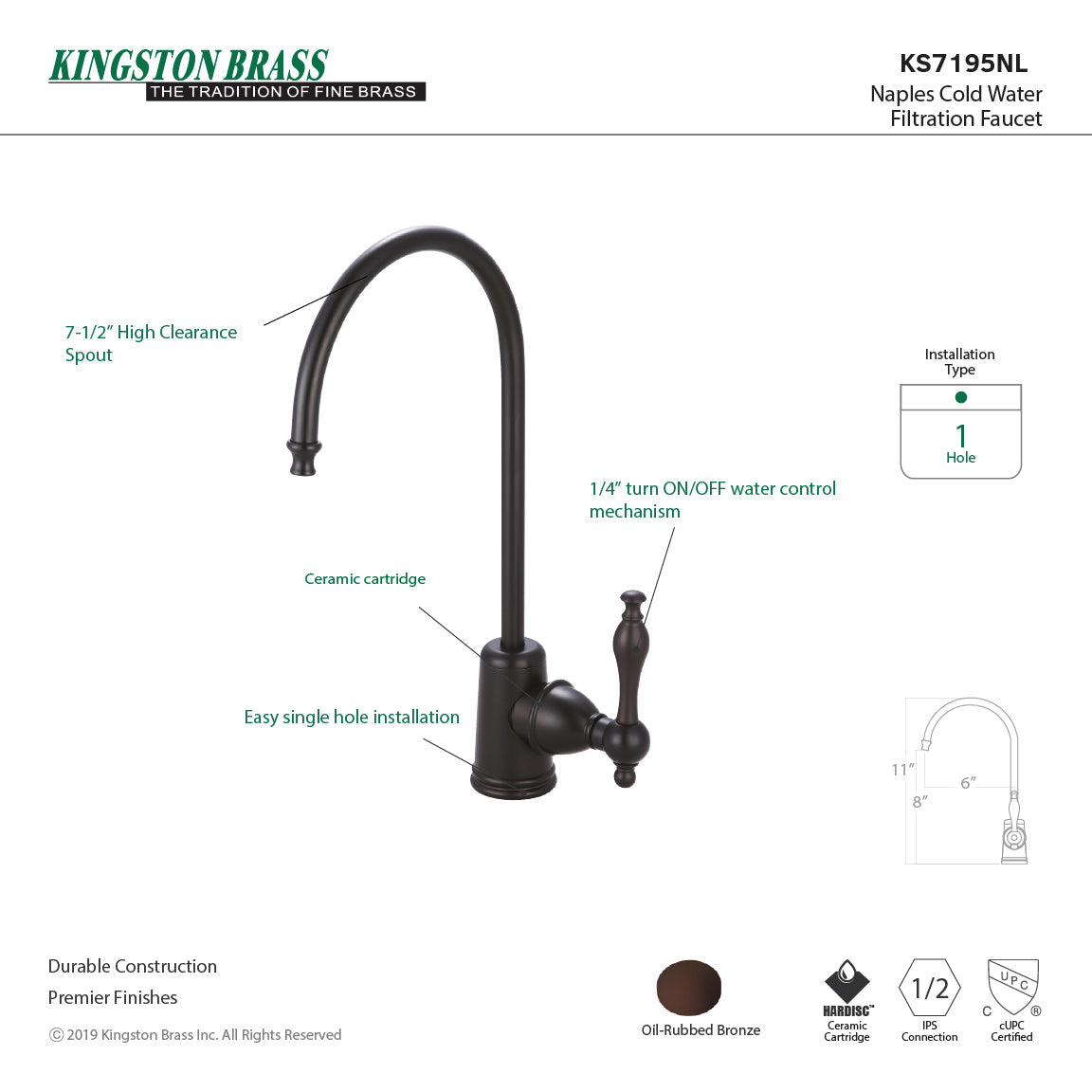 Kingston Heirloom KS7195NL - Naples Single-Handle 1-Hole Deck Mount Water Filtration Faucet, Oil Rubbed Bronze — thumbnail 2